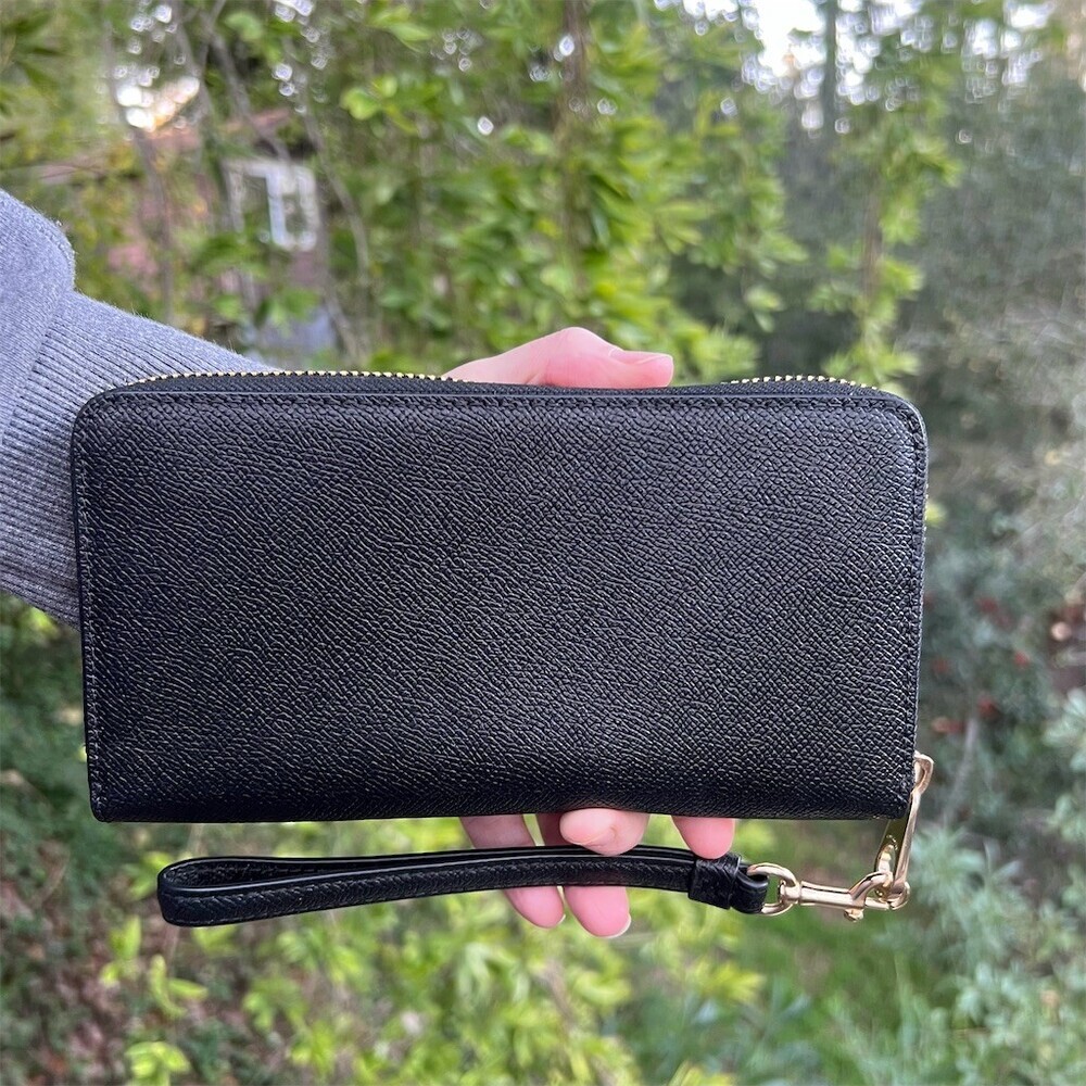 COACH Long Zip-Around Wallet Black Crossgrain Leather w Gold Hardware AUTHENTIC - Picture 2 of 7